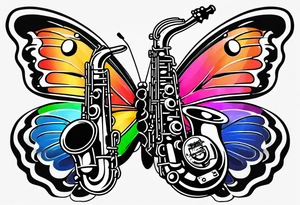 Saxophone, butterfly, rainbow, PACMAN tattoo idea