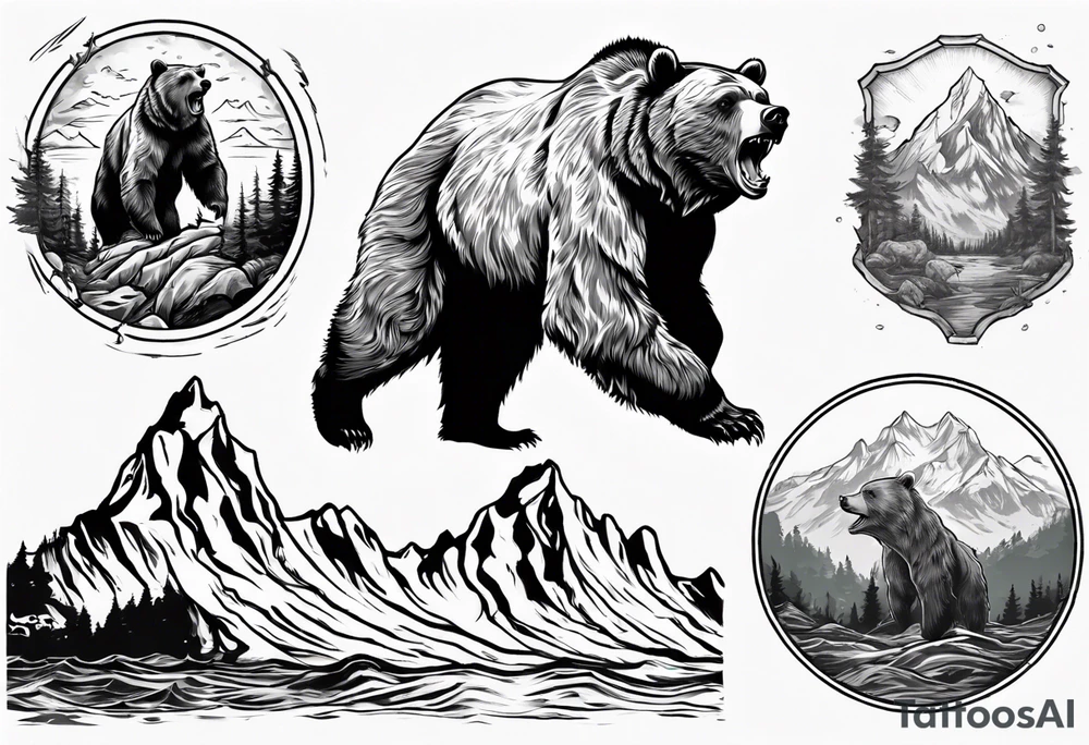 A transparent growling grizzly bear standing on hind legs and inside the bear a realistic depiction of the triglav mountain in slovenia and under the sea pounding the mountain. All inside the bear tattoo idea