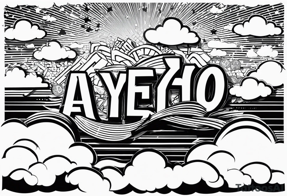 AYEOH across the sky with clouds and wads of cash tattoo idea