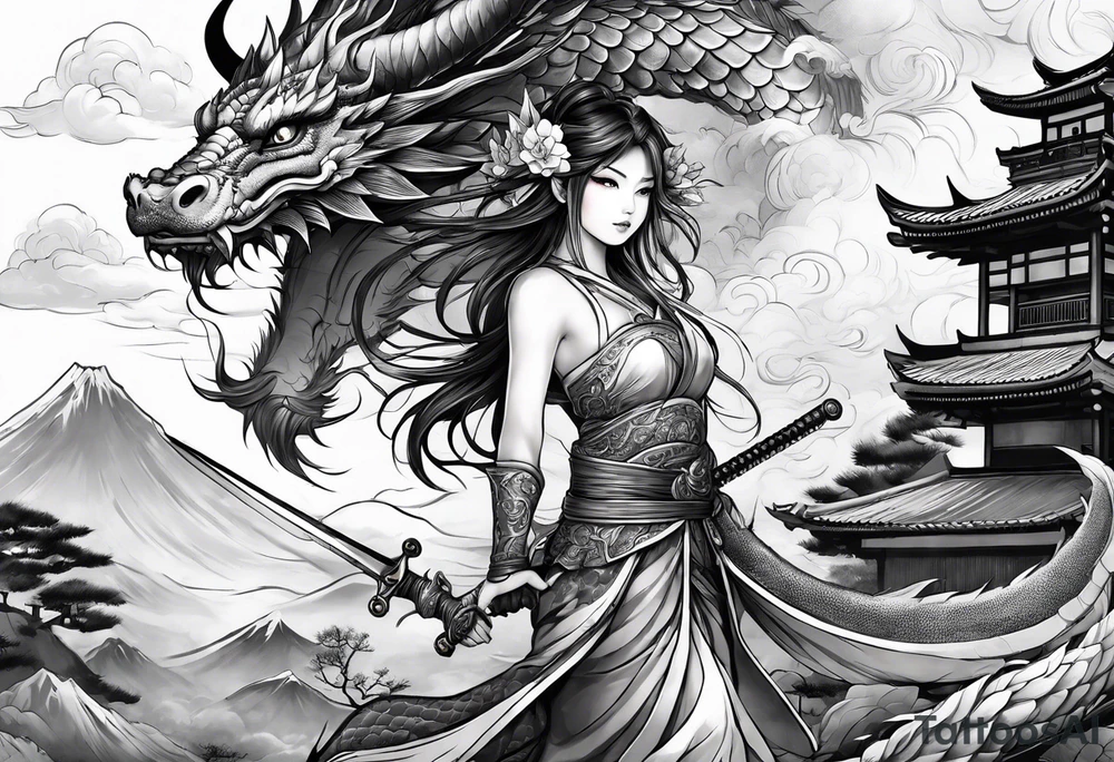 warrior beautiful fairy nymph with a full body with a sword and a full dragon with a mountain with clouds and a Japanese building background tattoo idea