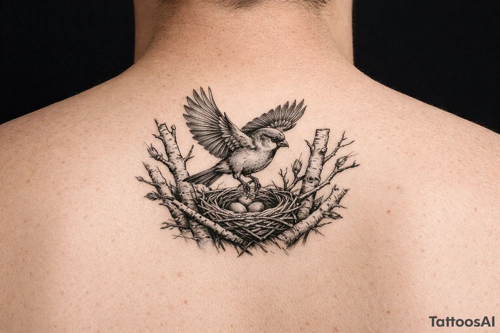 fine line black and grey tattoo of a detailed sparrow taking flight from a simple nest nestled in silver birch branches tattoo idea
