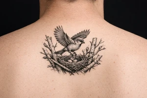 fine line black and grey tattoo of a detailed sparrow taking flight from a simple nest nestled in silver birch branches tattoo idea