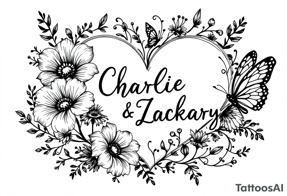 heart, flower and butterfly with name Charlie and Zackary tattoo idea