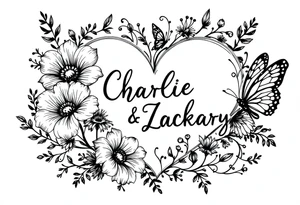 heart, flower and butterfly with name Charlie and Zackary tattoo idea
