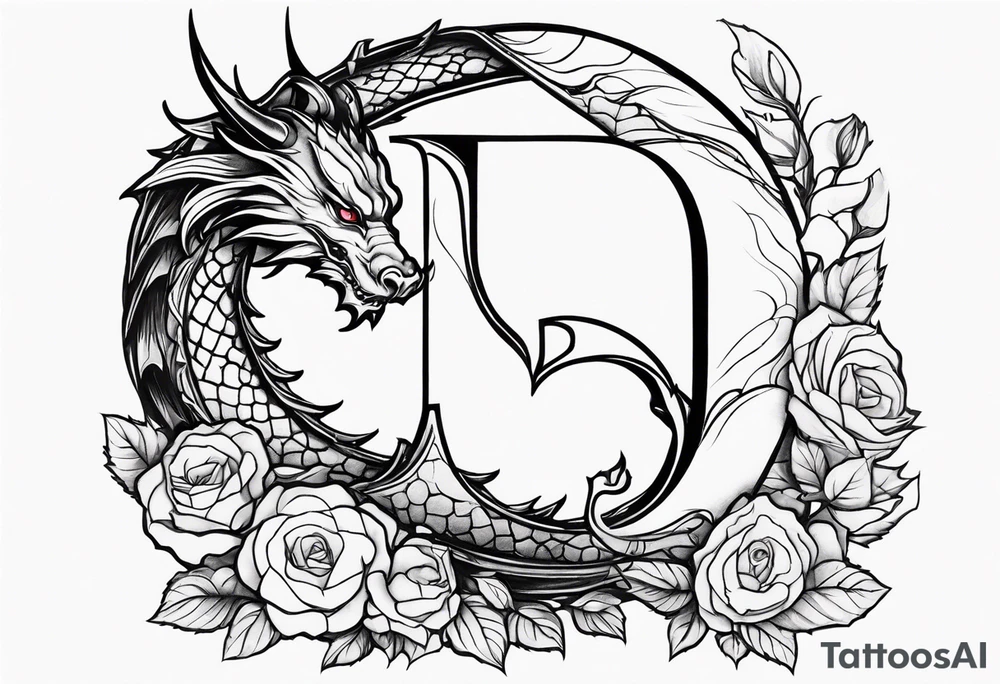 Dragon of roses urrounding the letter D tattoo idea