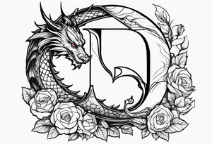 Dragon of roses urrounding the letter D tattoo idea