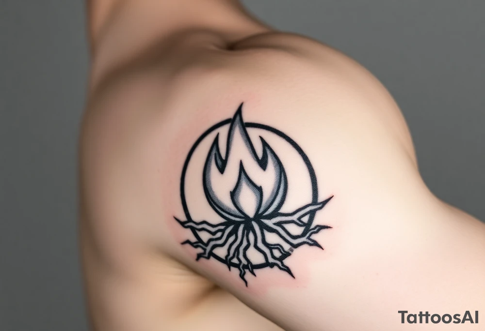 a round flame imprisoned in a roots circle tattoo idea