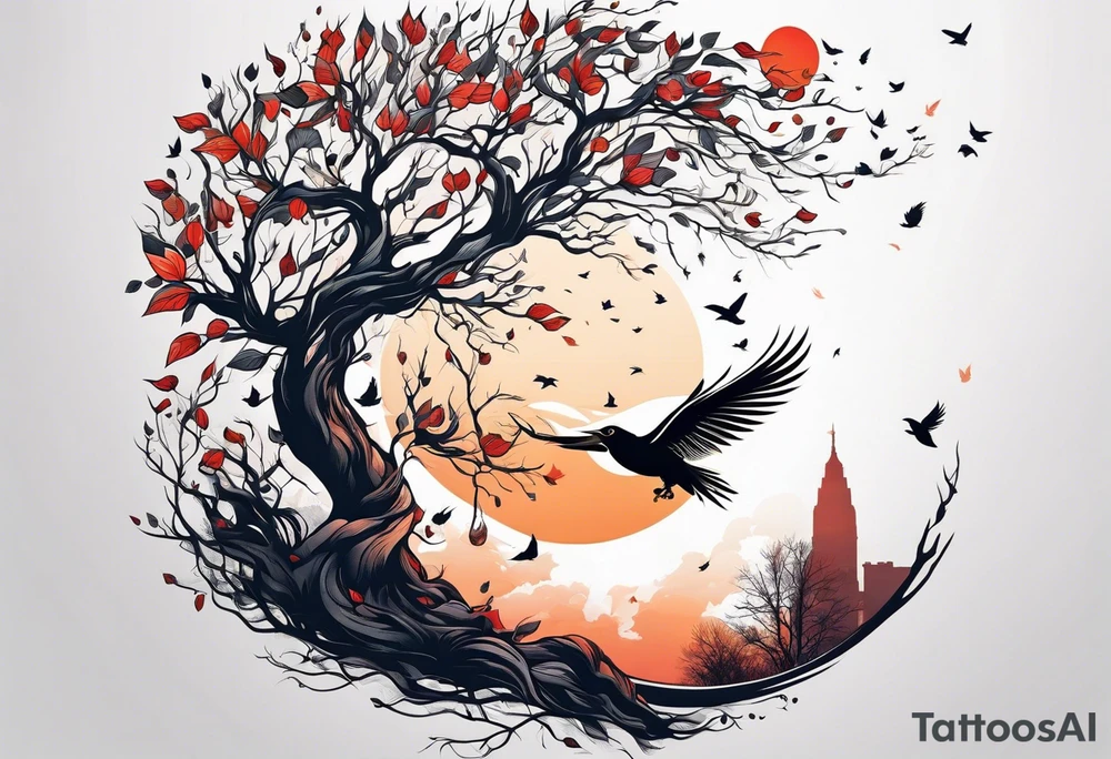 leave's tree flying away bird tattoo idea