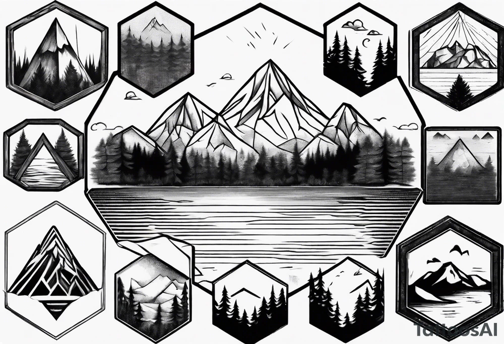 A hexagon with a mountain in the background, a coniferous forest in the foreground and a lake at the bottom tattoo idea