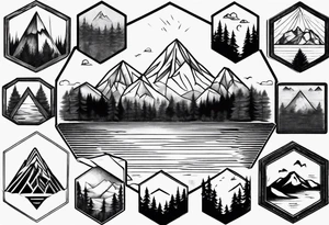 A hexagon with a mountain in the background, a coniferous forest in the foreground and a lake at the bottom tattoo idea