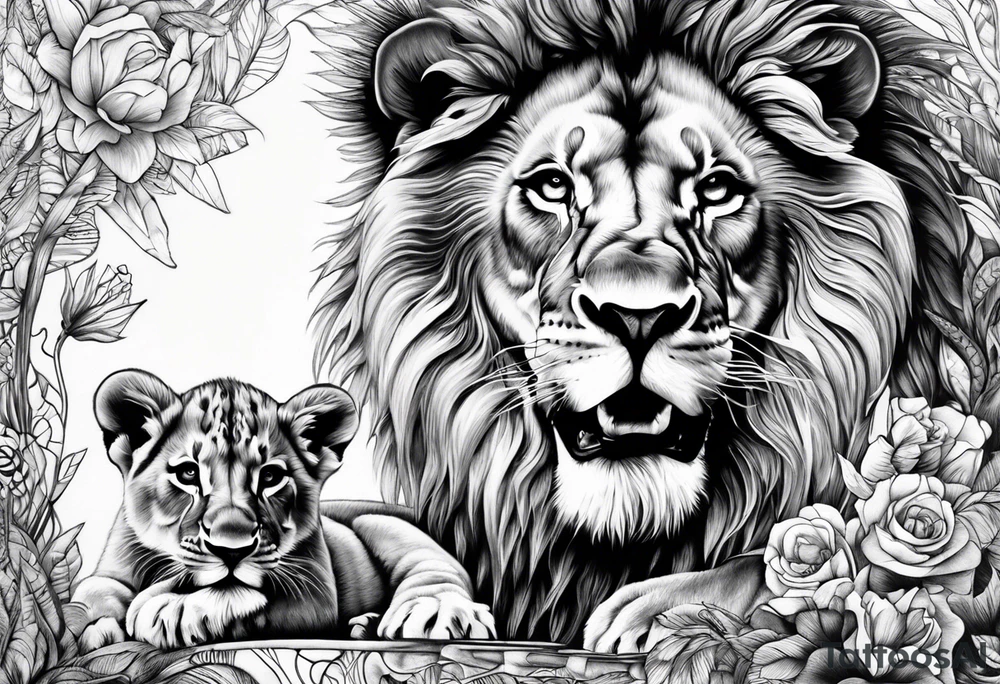 Powerful lion, 3 cubs tattoo idea