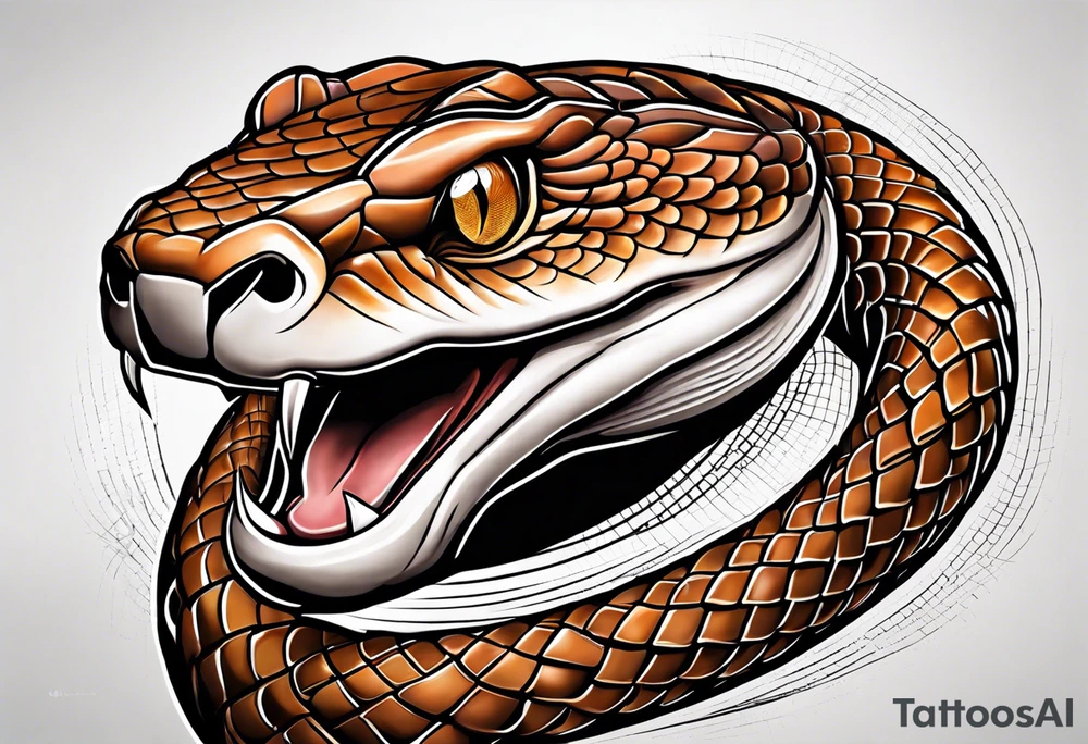 Copperhead coiled up with head turned up and mouth open and copper colored eyes tattoo idea