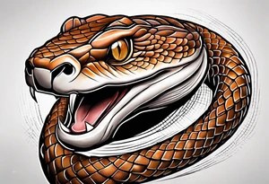 Copperhead coiled up with head turned up and mouth open and copper colored eyes tattoo idea
