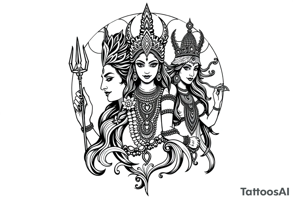 Lord Shiva, Godess Kali, Godess Lilith with the moon phases in the background tattoo idea
