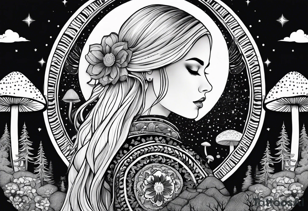 Straight blonde hair girl facing away toward mountains surrounded by mushrooms crescent moon mandala circular design black and white striped dress figure 8 tattoo idea