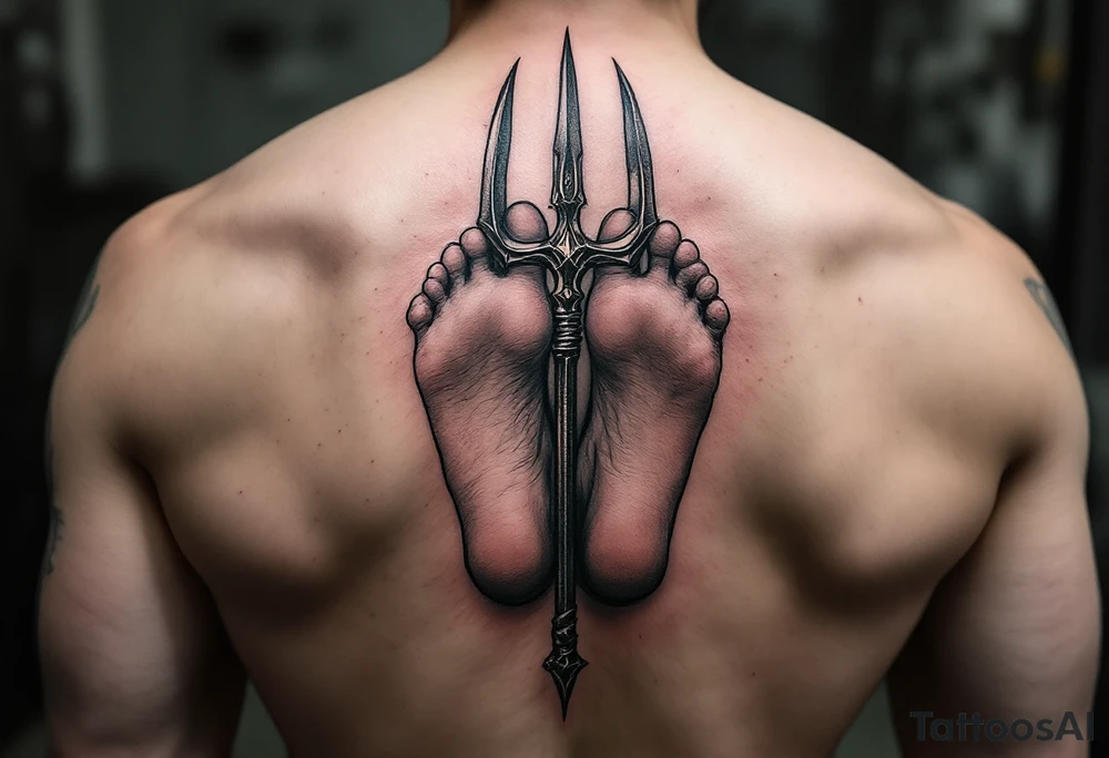 barefeet behind trident tattoo idea