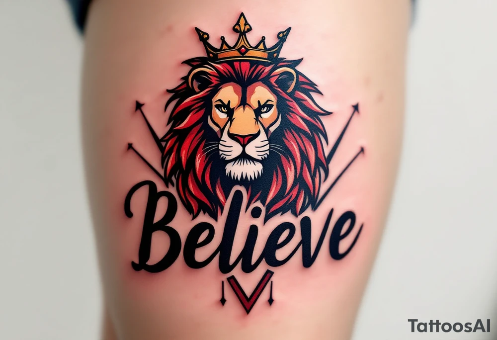 A bold "Believe" in deep crimson, with a crowned lion above it, representing strength and courage in one’s beliefs. tattoo idea