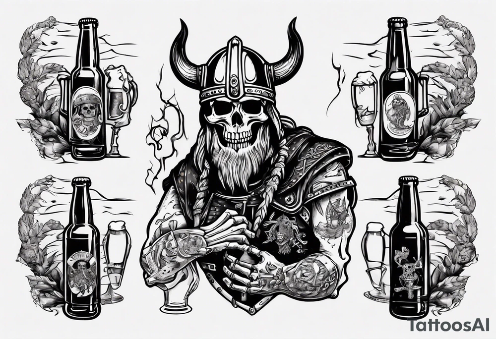 Viking skeleton drinking a beer tattoo idea