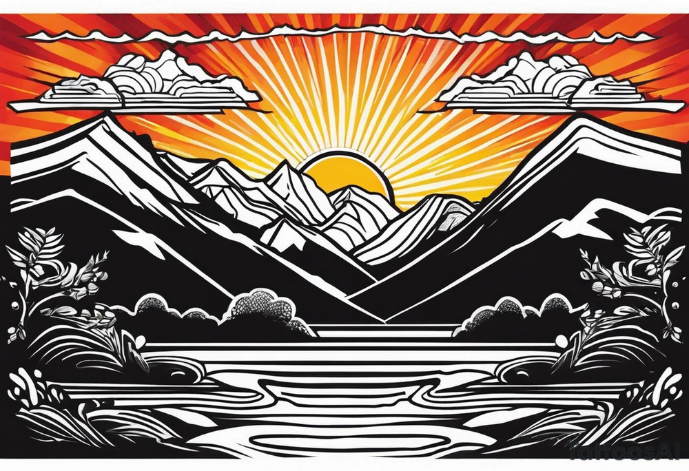 Mountains and in the mountains is a sun with sunbeams that comes out on the mountains from the mountains a river runs down tattoo idea