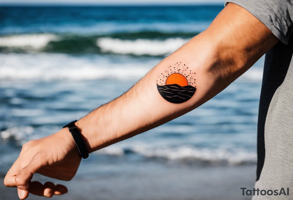 This is an extremely simple and minimalistic tattoo on male forearm. It is black and white with minuscule splashes of orange from the sun. The tattoo 4 inches wide by 2 inches tall. From the perspective of being on the ocean, Water is calm, with no waves in sight, the sun is setting behind the ocean, reflecting light onto the water. The water has shading. tattoo idea