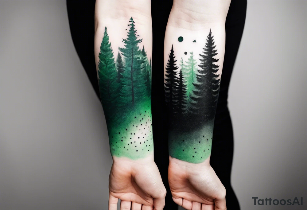 forest, green and black, covered from wrist to forearm, fully covered, no borders, blackwork tattoo idea