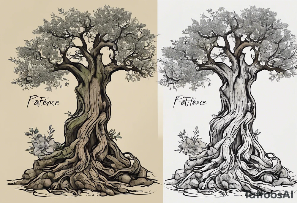 And olive tree with exposed roots, writing out “patience” in Korean, next to a tree stump with exposed rings, and a small Poppy flower growing out of the ground tattoo idea