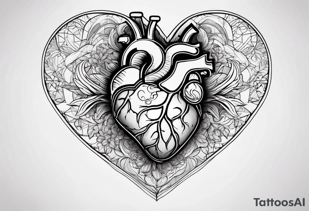a heart shape with the following inside: brain, travel or plane, family, and other symbols tattoo idea