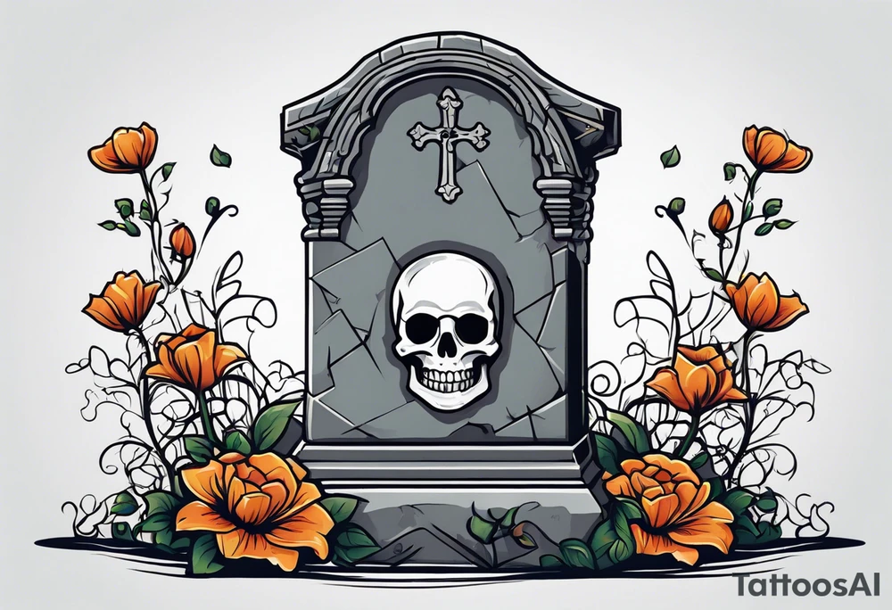 gravestone, gravestone has vines and flowers on it, skeleton hand coming out of the ground, the gravestone says “i’ll crawl home to her tattoo idea