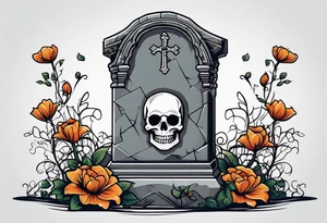 gravestone, gravestone has vines and flowers on it, skeleton hand coming out of the ground, the gravestone says “i’ll crawl home to her tattoo idea