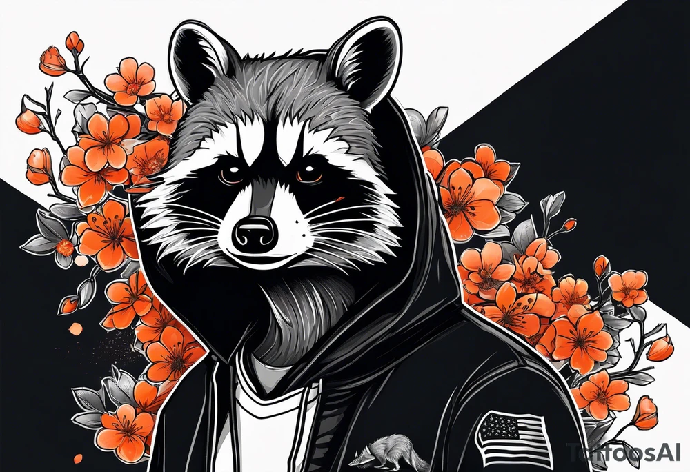 Raccoon wearing a white Superman logo on a black hoodie and orange Japanese cherry blossoms beside tattoo idea