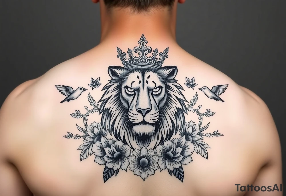 powerful majestic lion with a crown, surrounded by floral ornaments and birds tattoo idea