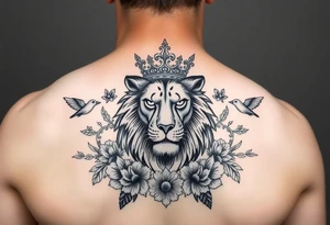 powerful majestic lion with a crown, surrounded by floral ornaments and birds tattoo idea