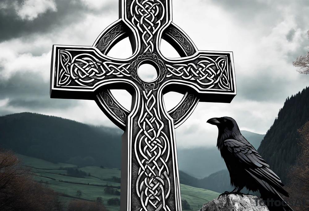 A stone Celtic cross, standing solemnly, with a raven perched on the arm of the cross tattoo idea