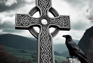 A stone Celtic cross, standing solemnly, with a raven perched on the arm of the cross tattoo idea