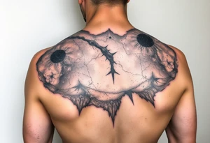 cover up tattoo inspired by the milky way that covers the upper portion of the back that is hyper realstic tattoo idea