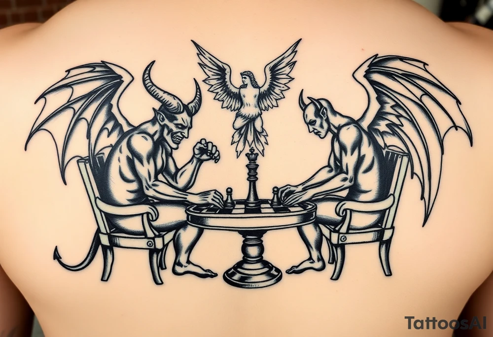devil and angel playing chess in black. Make them seem like people and not animals. Sitting on chairs with an angel watching tattoo idea