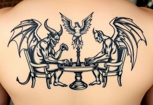 devil and angel playing chess in black. Make them seem like people and not animals. Sitting on chairs with an angel watching tattoo idea