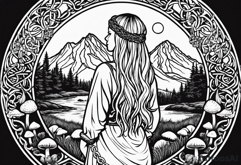 Whole picture encircled fully

Straight long blonde hair hippie girl in distance holding mushrooms in hand facing away toward mountains and creek surrounded by mushrooms long sleeve shirt and hiking pants; whole rendering within a full celtic circle border, no cut off circle tattoo idea