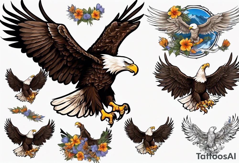 bald eagle with wings spread with mountain flowers in the background tattoo idea