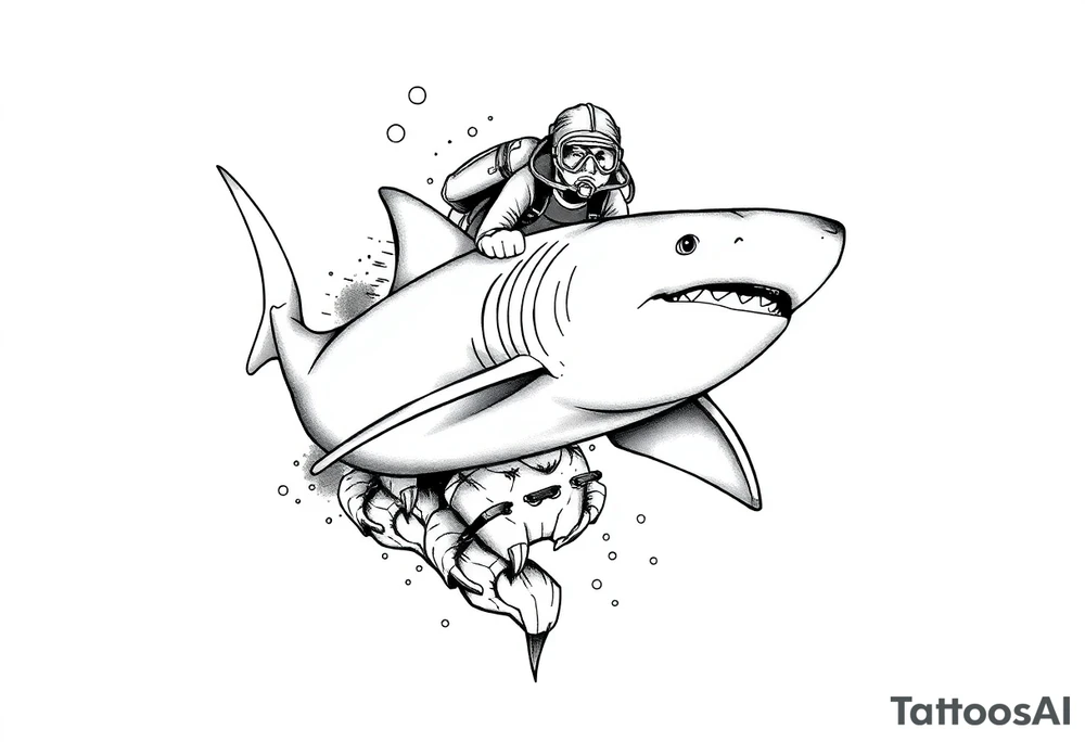 Generate a dive scene including a shark and a diver tattoo idea Generate a dive scene including a shark and a diver tattoo idea