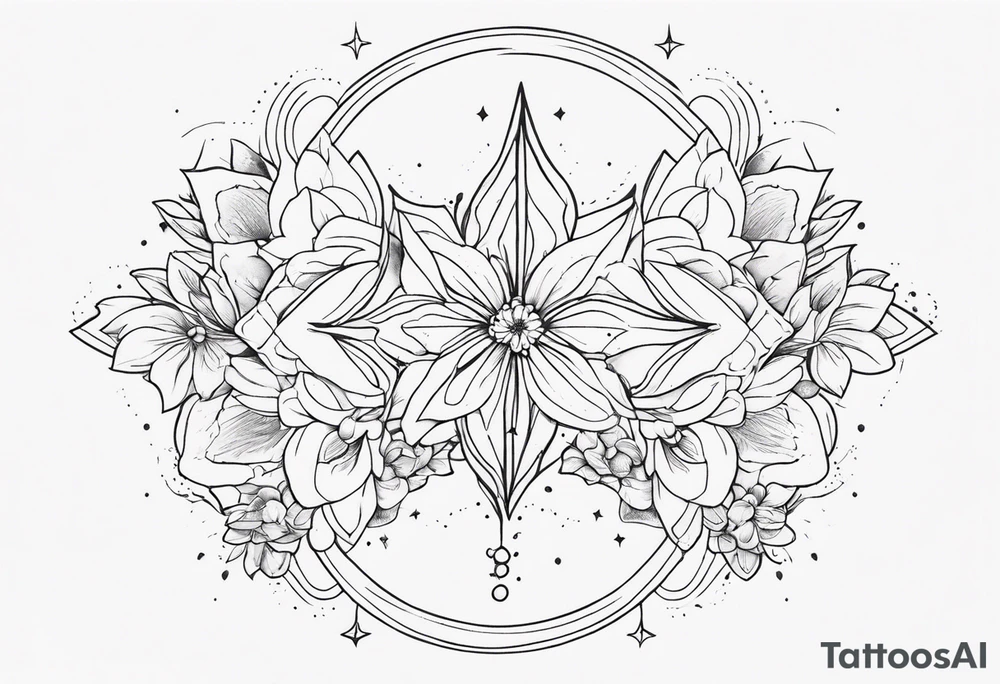 fine line with stars, floral, dots. Sternum tattoo tattoo idea