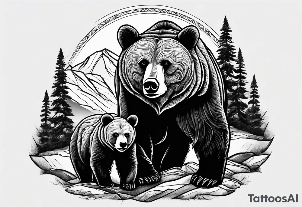 mamma bear and cub with mountains tattoo idea