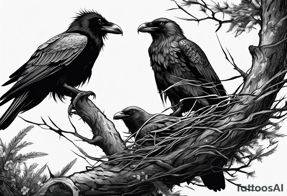 raven and osprey sharing nest tattoo idea