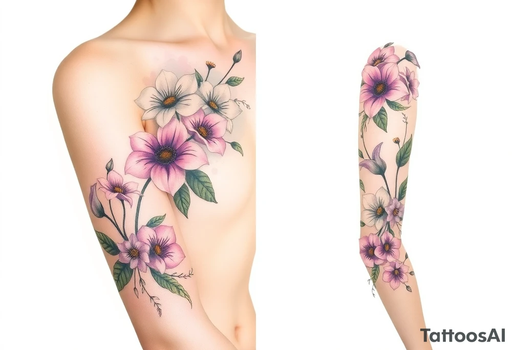 This tattoo is on a woman. It starts on her left side of the chest with a Glaiolus and Daisy together, then the tatoo rises over the left shoulder and down the arm and ends at the elbow. The tattoo will include a primroses, Calla Lilys, and Lillys. It will be light on color except in the petals and has light shading to make it pop. tattoo idea