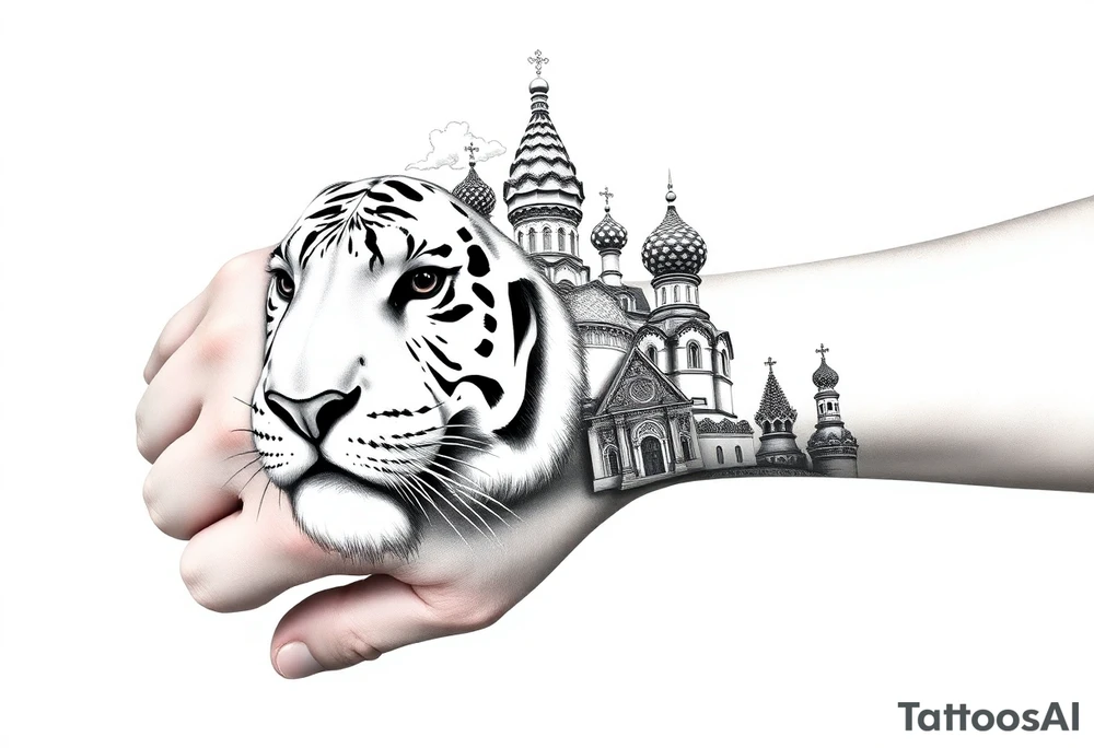 Realistic white tiger face on the back of the hand with strong contrast and fine detail with its eyes completely black. with a highly detailed Russian Orthodox cathedral sitting above on fore arm with onion domes and orthodox crosses, done in fine line, engraving-like style. Cohesive composition, black ink only, no color, high contrast, slightly aged, documentary-style, plain light background. with clouds above and a virgin mary 
spanning from my hand to lower fore arm tattoo idea