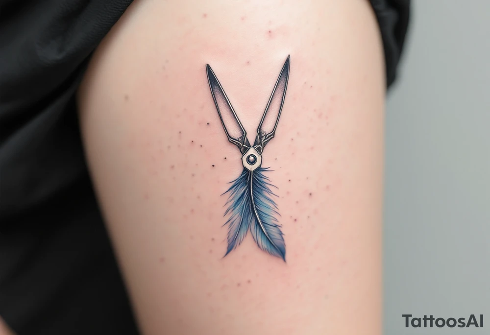 Scissors and Feather Tattoo – A set of lightly shaded silver scissors with a feather delicately hanging from the handle, with subtle blue and gray shading, giving the design a whimsical, airy feel that symbolizes freedom and creativity. tattoo idea