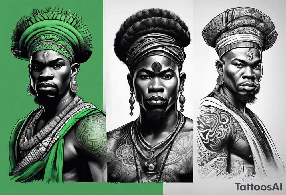 ogun guerreiro africano realista em preto e cinza com tons de verde no fudo tattoo idea