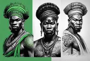 ogun guerreiro africano realista em preto e cinza com tons de verde no fudo tattoo idea