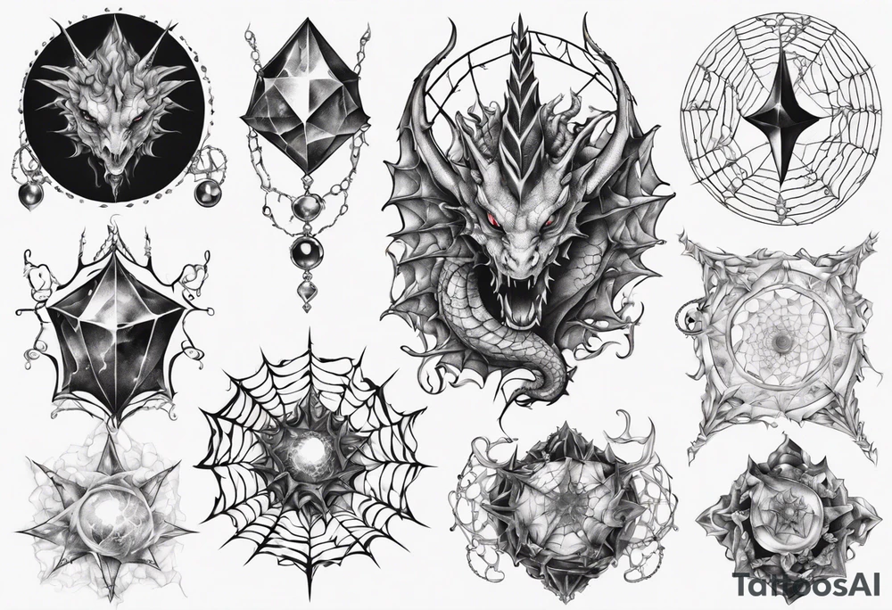 Dragon spiral spiderweb shattered chalices jewels and unicorn horn tattoo idea