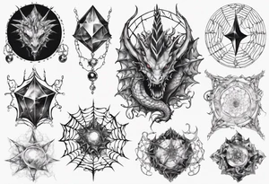 Dragon spiral spiderweb shattered chalices jewels and unicorn horn tattoo idea